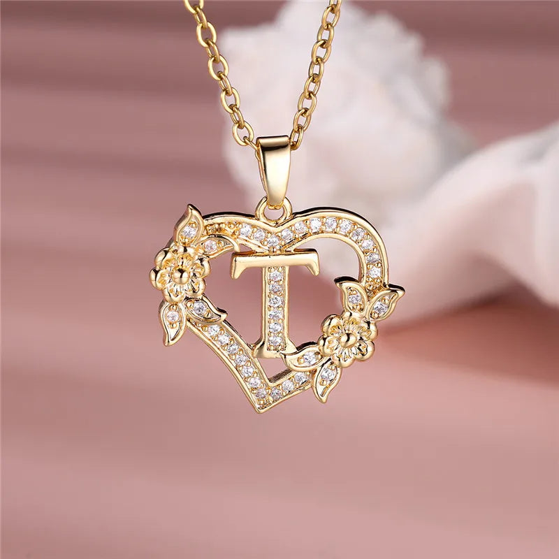 A-Z Letter Flower Heart Pendant Necklace