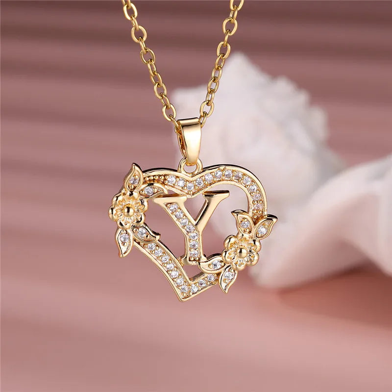 A-Z Letter Flower Heart Pendant Necklace