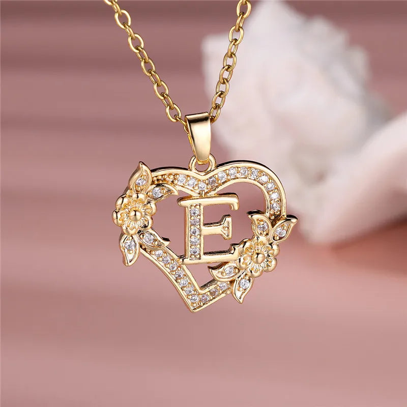 A-Z Letter Flower Heart Pendant Necklace